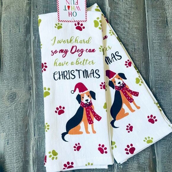 Christmas Dog “I Work Hard” Kitchen Dish Towels - Picture 1 of 2